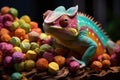 Chameleon on a background of multi-colored dragee candies. Candy store, breakfast cereal