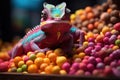 Chameleon on a background of multi-colored dragee candies. Candy store, breakfast cereal