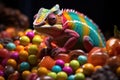 Chameleon on a background of multi-colored dragee candies. Candy store, breakfast cereal