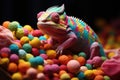 Chameleon on a background of multi-colored dragee candies. Candy store, breakfast cereal