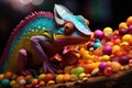 Chameleon on a background of multi-colored dragee candies. Candy store, breakfast cereal