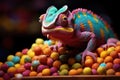 Chameleon on a background of multi-colored dragee candies. Candy store, breakfast cereal