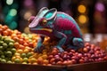 Chameleon on a background of multi-colored dragee candies. Candy store, breakfast cereal