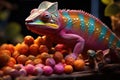 Chameleon on a background of multi-colored dragee candies. Candy store, breakfast cereal