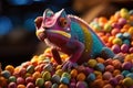 Chameleon on a background of multi-colored dragee candies. Candy store, breakfast cereal