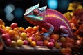 Chameleon on a background of multi-colored dragee candies. Candy store, breakfast cereal