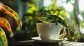 Chameleon blending with coffee cup, bright indoor light, side view, cozy moment , close-up