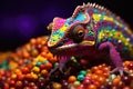a chameleon blending into colorful beads