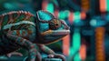 Chameleon blending with crypto charts on screens, neonlit, eyelevel, stealth trading , cinematic Royalty Free Stock Photo