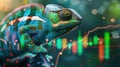 A chameleon blending into a digital currency graph showcasing adaptability in the crypto market