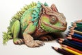 chameleon blending with a pile of green and brown pencils