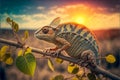 Chameleon in a brand, close up in desert landscape, generative ai Royalty Free Stock Photo