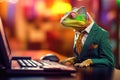 A chameleon in a business suit and tie working at a computer. Corporate humor