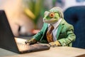 A chameleon in a business suit working on a laptop in an office. Professional humor