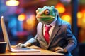 A chameleon in a businessman\'s business suit works at a computer. The concept of office work
