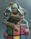 A chameleon changing colors while solving a color cube puzzle game showcasing adaptability and intelligence