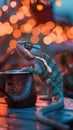 Chameleon and a coffee pot, soft evening glow, direct view, relaxed brewing , up32K HD