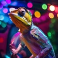 A chameleon in a disco costume, with a sparkling outfit and a disco ball2