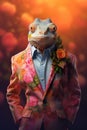 Chameleon in floral jacket half - length frontal view