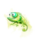 Chameleon funny cartoon character Vector. Cute reptile with big eyes watercolor Royalty Free Stock Photo
