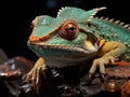 Chameleon with helmet on gold ore Royalty Free Stock Photo