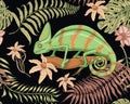 Chameleon Lizard, tropical flowers, seamless pattern. American green reptile or snake, herbivorous. vector illustration Royalty Free Stock Photo