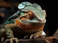 Chameleon with miners helmet on gold ore Royalty Free Stock Photo