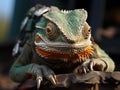 Chameleon with miners helmet on gold ore Royalty Free Stock Photo