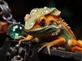 Chameleon with miners helmet on gold ore