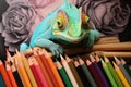 a chameleon perched on a pile of colored pencils, matching the green ones