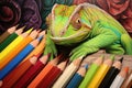a chameleon perched on a pile of colored pencils, matching the green ones