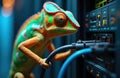 Chameleon repairing server hardware in data center. Reptile connects cable to network rack. Digital technology, information Royalty Free Stock Photo