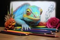 a chameleon resting on a sketchbook with colored pencils around