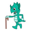 Chameleon walking using cane, doodle icon image kawaii