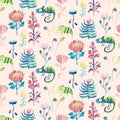 Chameleon watercolor, cute illustration. Seamless pattern