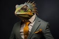 Chameleon wearing a suit and a tie. Business adaptation concept. Anthropomorphic animals