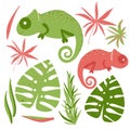 Chameleons are green and pink in color and tropical leaves. Cartoon sticker set for kids with chameleons and tropical leaves