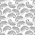 Chameleons, outline seamless pattern, on white background. Vector illustration