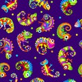 Chameleons pattern. Colored lizards seamless background