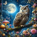 A chaming owl perched on a branch, in a magical woodland, with butterfly, mushrooms, flowers, moon, night, dreamy, digital art Royalty Free Stock Photo