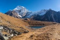 Chamlang mountain peak behind small alpine lake a long the way to Amphulapcha high mountain pass, Everest region, Himalaya Royalty Free Stock Photo