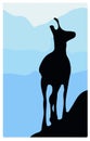 A chamois stands on top of a hill with mountains in the background. Black silhouette with blue background.