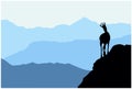 A chamois stands on top of a hill with mountains in the background. Black silhouette with blue background.