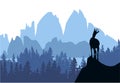 A chamois stands on top of a hill with mountains and forest in the background. Black silhouette with blue background.