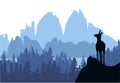 A chamois stands on top of a hill with mountains and forest in the background. Black silhouette with blue background.