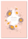 Chamomile background Daisy wreath, Flowers wedding invitation. Elegant floral card with text space A4 size. Vector