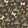 Chamomile and butterfly watercolor seamless pattern on dark background