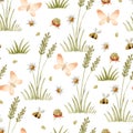 Chamomile and butterfly watercolor seamless pattern