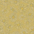 Daisy Line Seamless Pattern on Yellow Background.