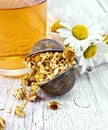 Chamomile dried in strainer on board